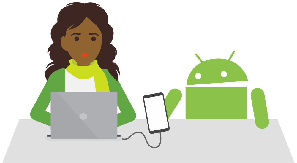 Student coding an android phone, sitting with an Android character