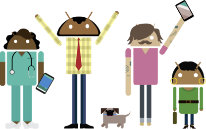 Androids holding up devices