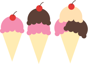 Icon of three ice cream cones with 1, 2, and 3 scoops of ice cream