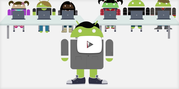 Illustration of an android facilitator with a class of 6 android students behind computers